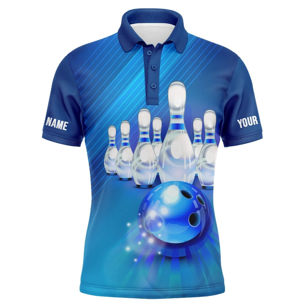 Custom Bowling Polo Shirts, Custom Blue Bowling Shirts For Men, Team Bowling Jerseys Polo Shirts