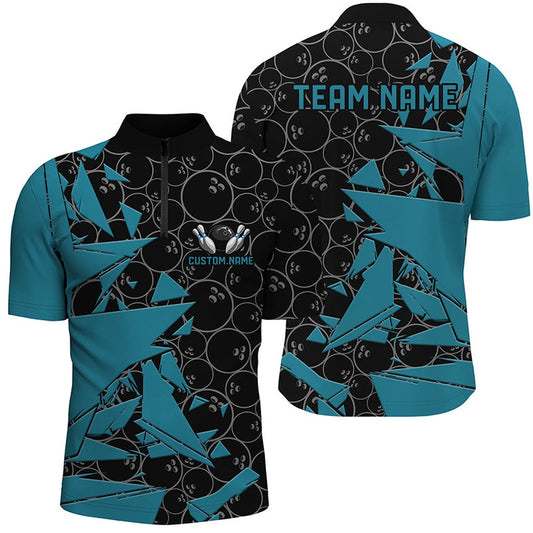 Custom Bowling Polo Shirts, Custom Blue Bowling Team Shirts For Men And Women, Bowling Ball Pattern Bowlers Outfits