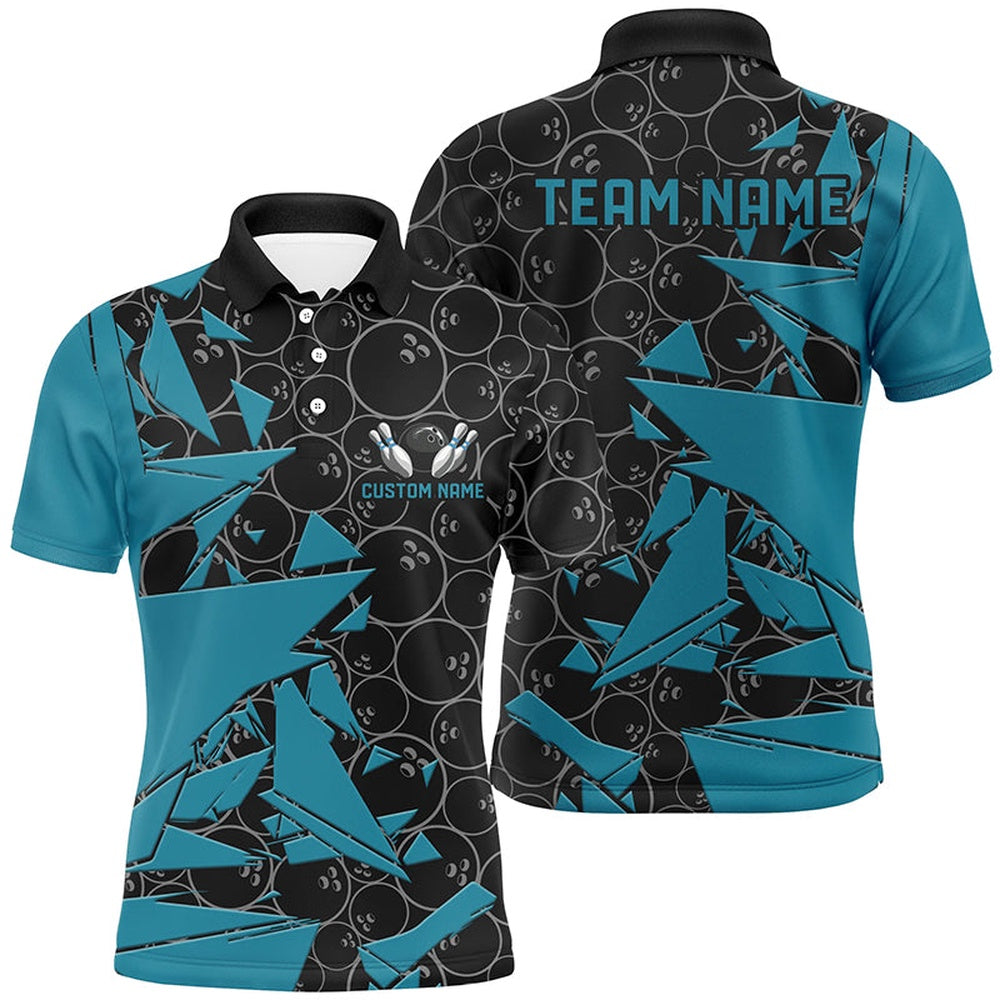 Custom Bowling Polo Shirts, Custom Blue Bowling Team Shirts For Men And Women, Bowling Ball Pattern Bowlers Outfits