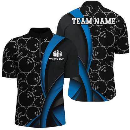 Custom Bowling Polo Shirts, Custom Blue Bowling Team Shirts For Men And Women, Bowling Ball Tournament Jerseys