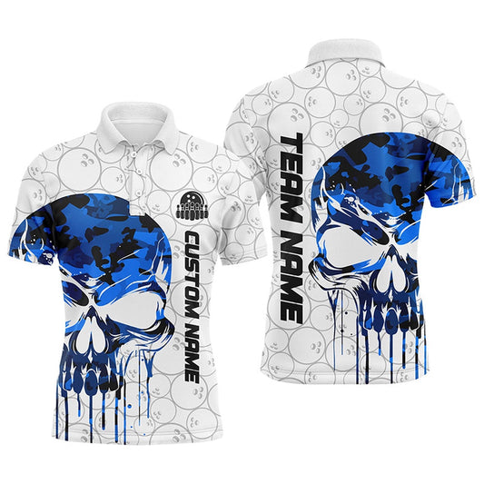Custom Bowling Polo Shirts, Custom Blue Camo Skull Bowling Polo Shirts Men Team Bowling Jerseys Bowling League Outfit