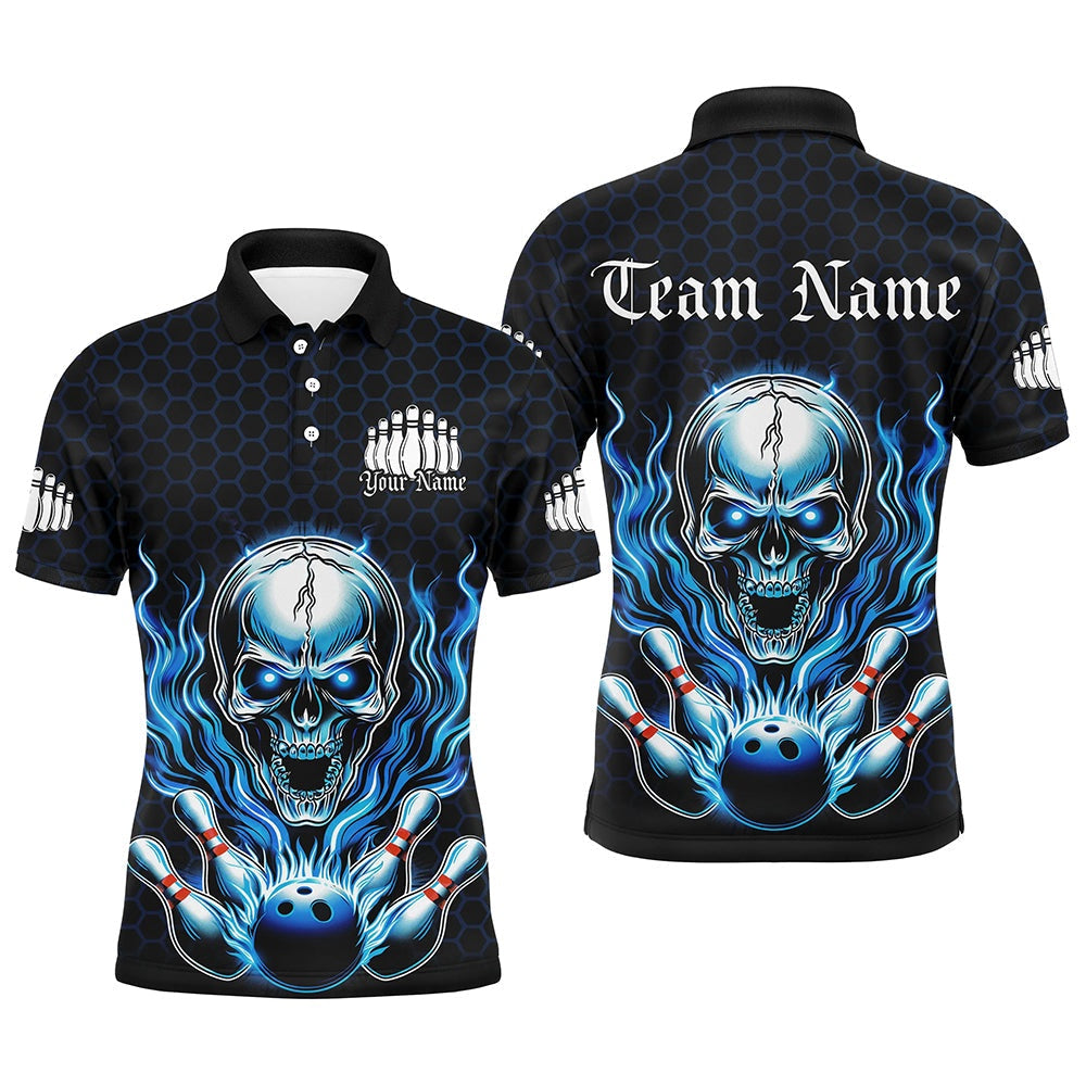 Custom Bowling Polo Shirts, Custom Blue Flame Bowling Polo Shirts For Men, Halloween Skull Bowling Shirt Bowling Outfit
