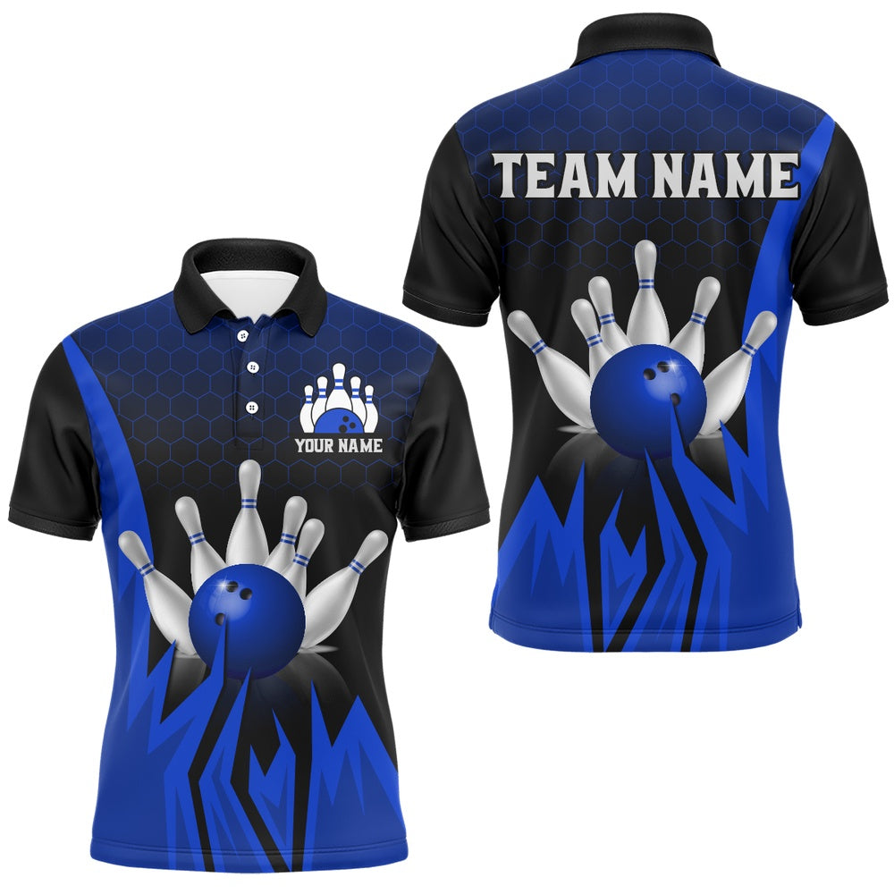 Custom Bowling Polo Shirts, Custom Blue Flame Bowling Polo Shirts For Men & Women Bowling Team Jersey