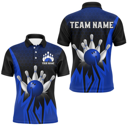 Custom Bowling Polo Shirts, Custom Blue Flame Bowling Polo Shirts For Men & Women Bowling Team Jersey