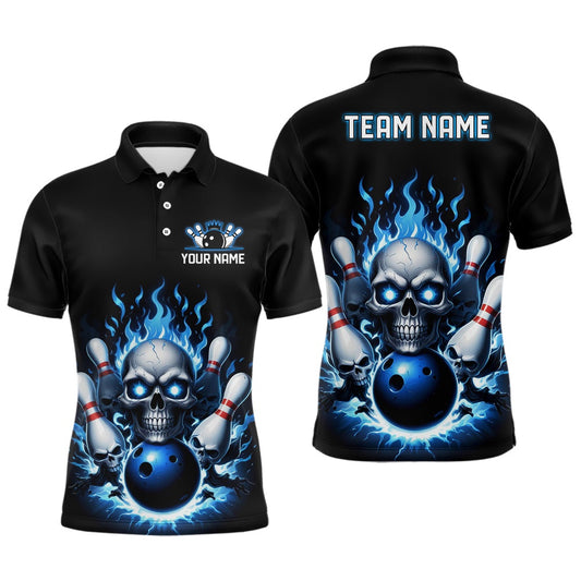 Custom Bowling Polo Shirts, Custom Blue Flame Bowling Team Shirts, Halloween Skull Bowling Polo Shirt For Men
