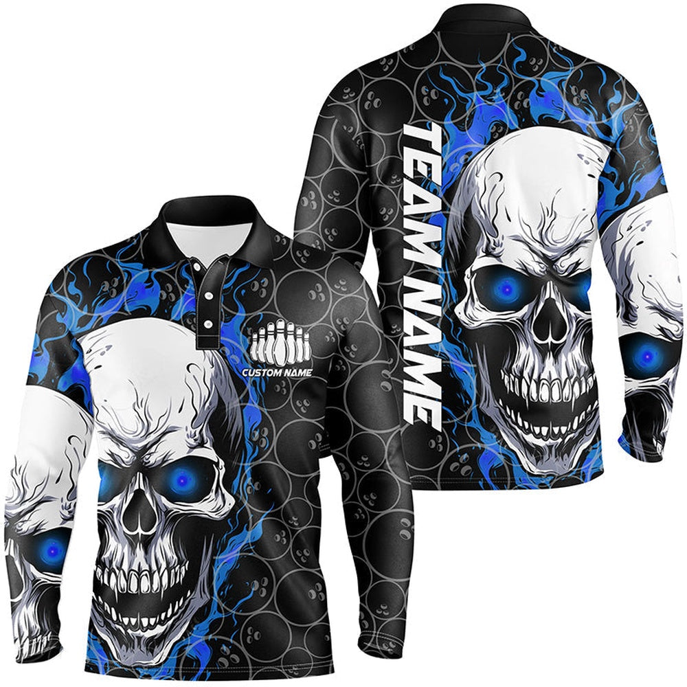 Custom Bowling Polo Shirts, Custom Blue Flame Skull Bowling Shirts For Men, Bowling Team Long Sleeve Bowling Shirts