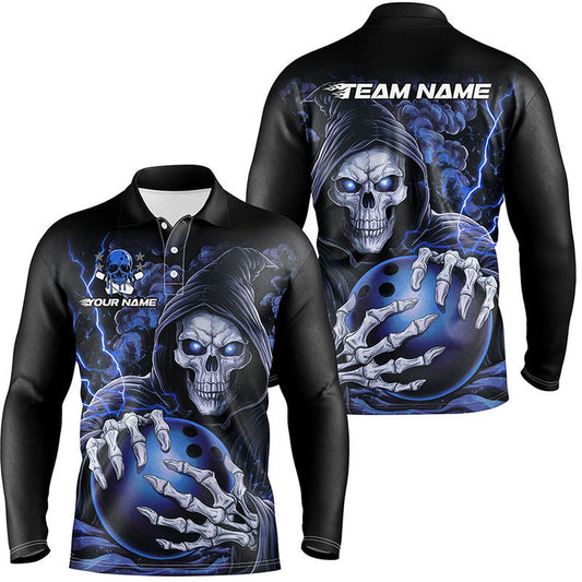 Custom Bowling Polo Shirts, Custom Blue Skull Bowling Long Sleeve Polo Shirts For Men, Halloween Bowling Team Shirts