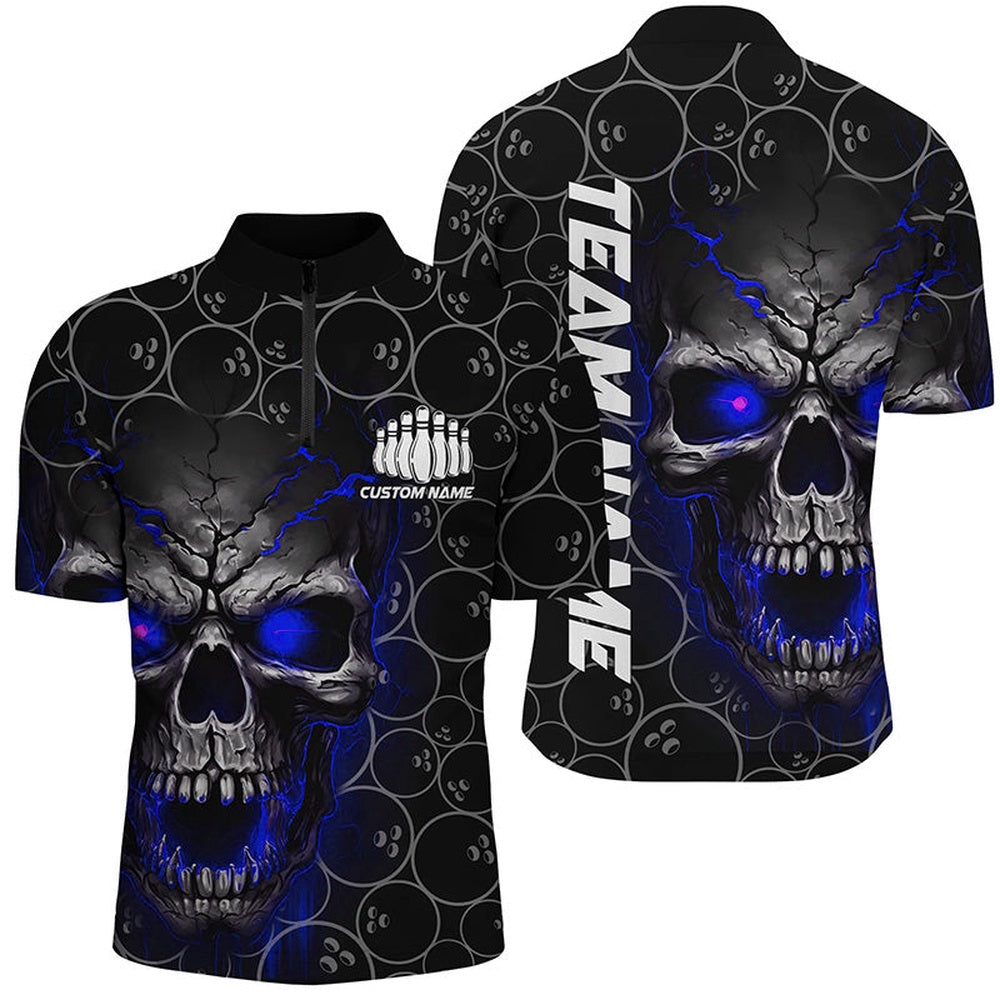 Custom Bowling Polo Shirts, Custom Blue Skull Bowling Polo Shirts For Men, Bowling Pattern Bowling Team Jerseys