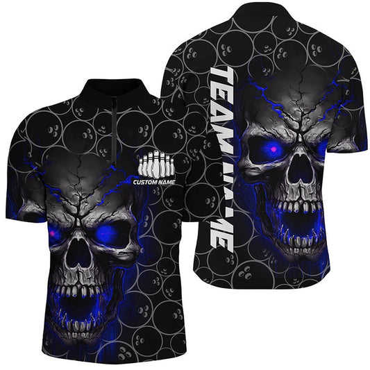 Custom Bowling Polo Shirts, Custom Blue Skull Bowling Polo Shirts For Men, Bowling Pattern Bowling Team Jerseys