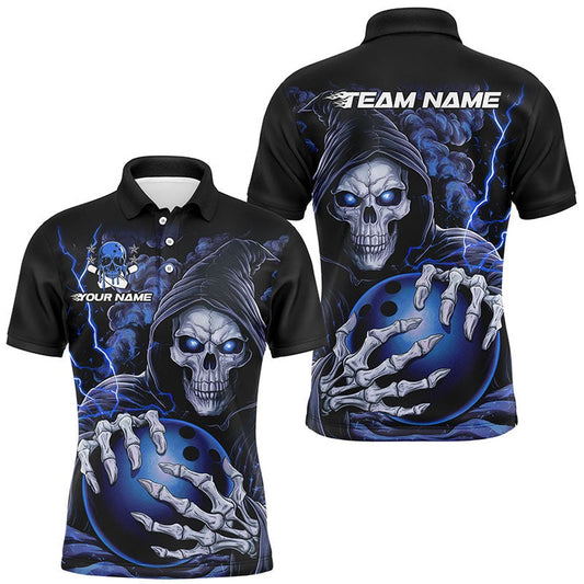 Custom Bowling Polo Shirts, Custom Blue Skull Bowling Polo Shirts For Men, Personalized Halloween Bowling Team Shirts