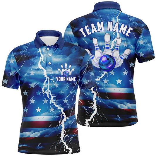 Custom Bowling Polo Shirts, Custom Blue Thunder Bowling Polo Shirts For Men, Us Flag Patriotic Bowling League Shirts
