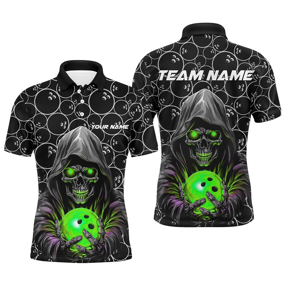 Custom Bowling Polo Shirts, Custom Bowlers Outfits Skull Green Bowling Polo Shirts Men Bowling League Team Jerseys