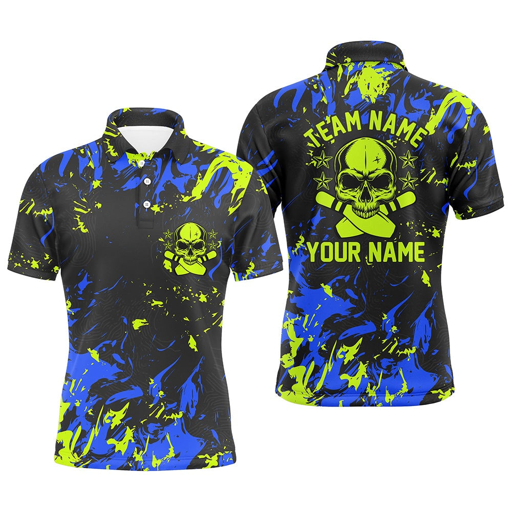 Custom Bowling Polo Shirts, Custom Bowling Jerseys For Men, Personalized Skull Bowling Team Shirts Bowling Pin
