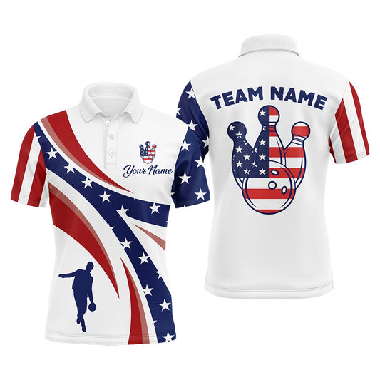 Custom Bowling Polo Shirts, Custom Bowling Polo Shirt For Men American Flag Bowling Team Jersey Patriotic Bowling League Shirt