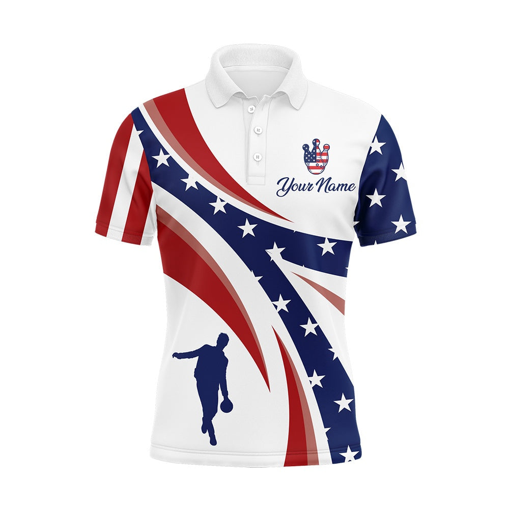 Custom Bowling Polo Shirts, Custom Bowling Polo Shirt For Men American Flag Bowling Team Jersey Patriotic Bowling League Shirt