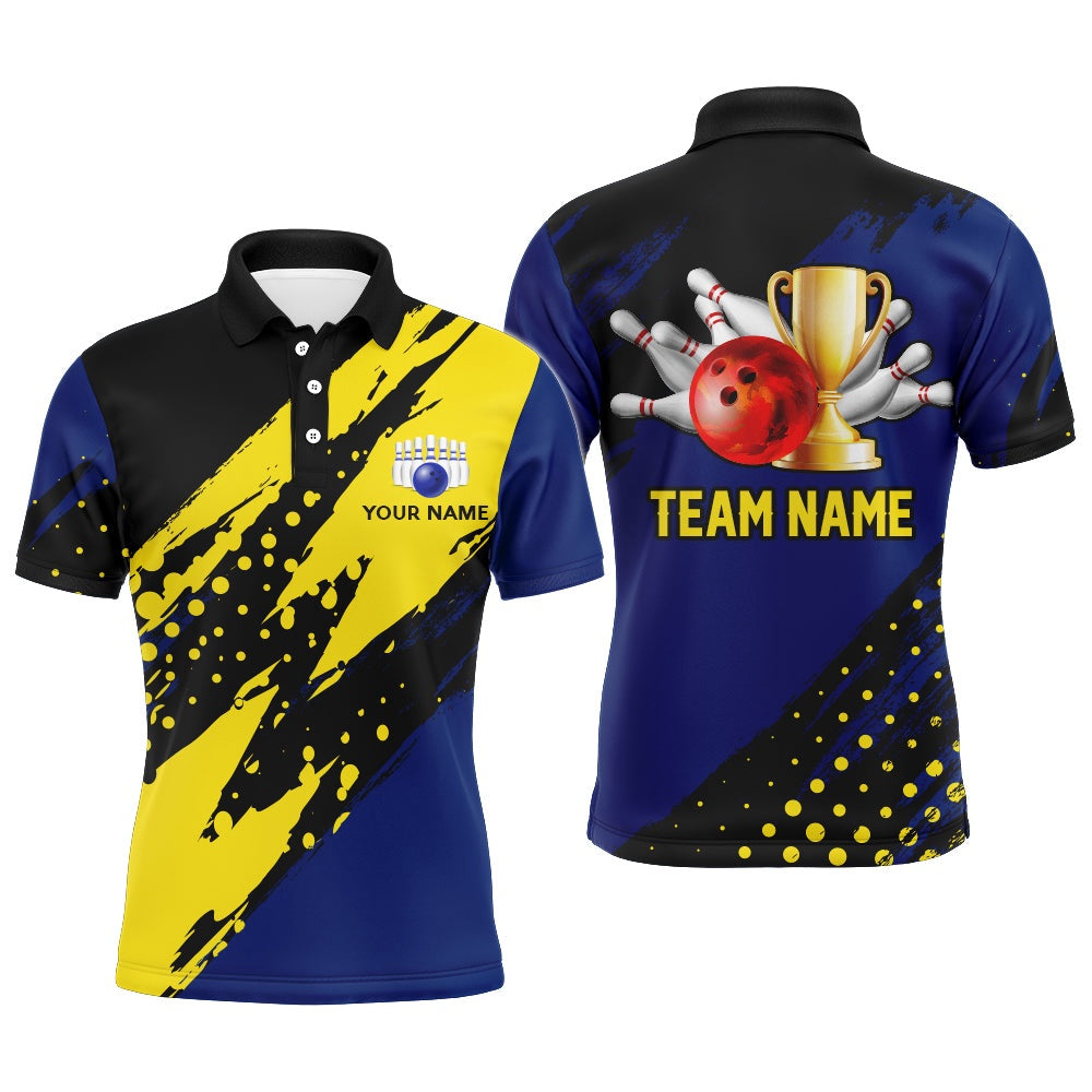 Custom Bowling Polo Shirts, Custom Bowling Polo Shirt For Men Black&Blue Bowling Jersey Bowling League Shirt For Team