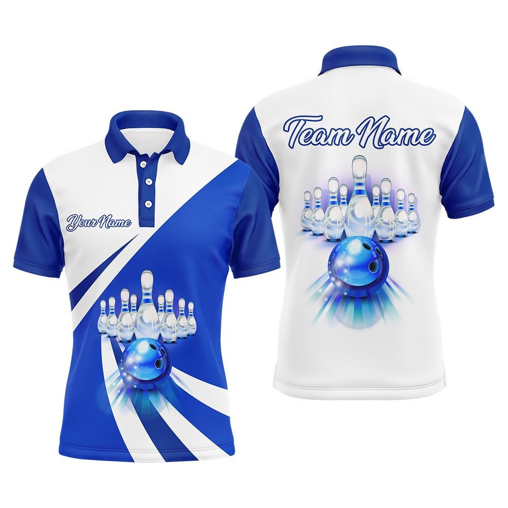 Custom Bowling Polo Shirts, Custom Bowling Polo Shirt For Men Blue Bowling Jersey With Name Bowling Team Shirt For Men