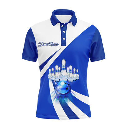 Custom Bowling Polo Shirts, Custom Bowling Polo Shirt For Men Blue Bowling Jersey With Name Bowling Team Shirt For Men