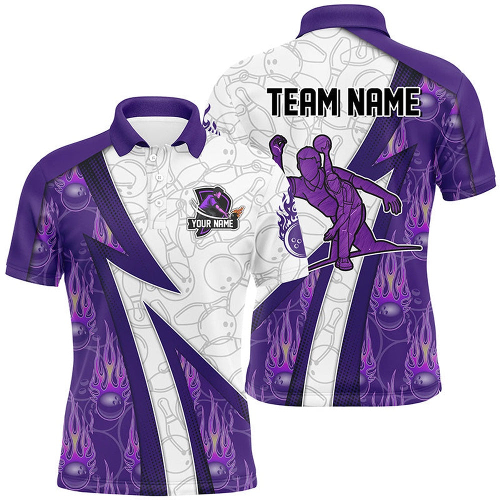 Custom Bowling Polo Shirts, Custom Bowling Polo Shirt For Men Purple Flame Camo Bowling Jersey, Bowling Team Shirt