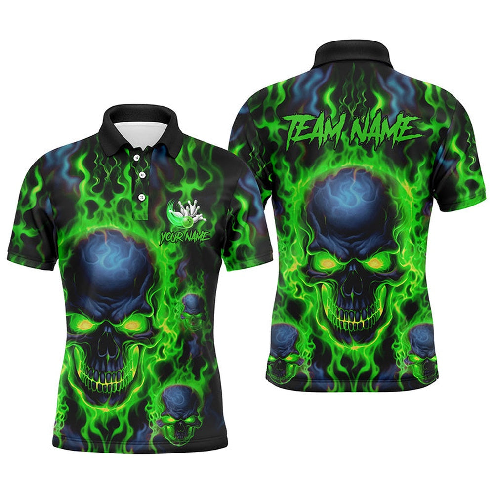 Custom Bowling Polo Shirts, Custom Bowling Polo Shirts Men Green Flame Skull Team Bowling Jerseys Halloween Bowler Outfits