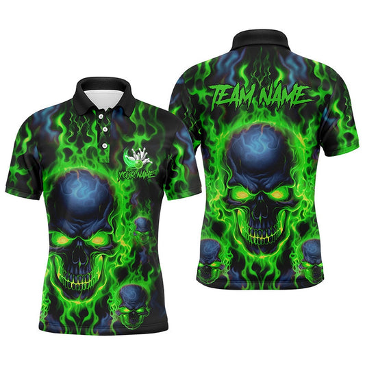Custom Bowling Polo Shirts, Custom Bowling Polo Shirts Men Green Flame Skull Team Bowling Jerseys Halloween Bowler Outfits