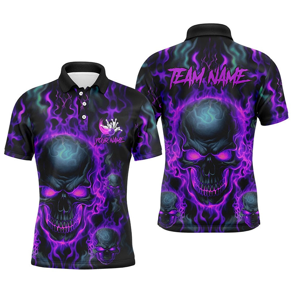 Custom Bowling Polo Shirts, Custom Bowling Polo Shirts Men Purple Flame Skull Team Bowling Jerseys Halloween Bowler Outfits