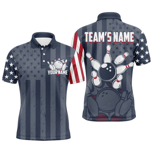 Custom Bowling Polo Shirts, Custom Bowling Shirt For Men American Flag Bowling Polo Shirt For Team Patriotic Navy Bowling Jersey