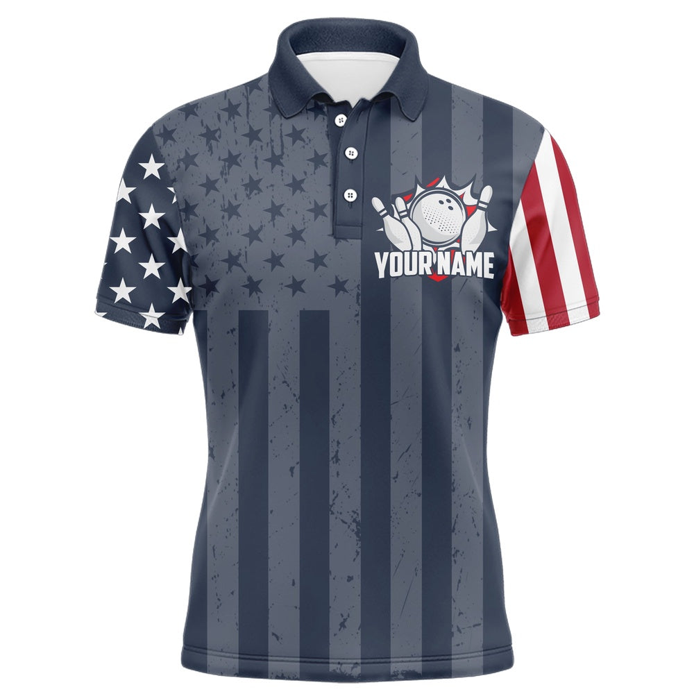 Custom Bowling Polo Shirts, Custom Bowling Shirt For Men American Flag Bowling Polo Shirt For Team Patriotic Navy Bowling Jersey