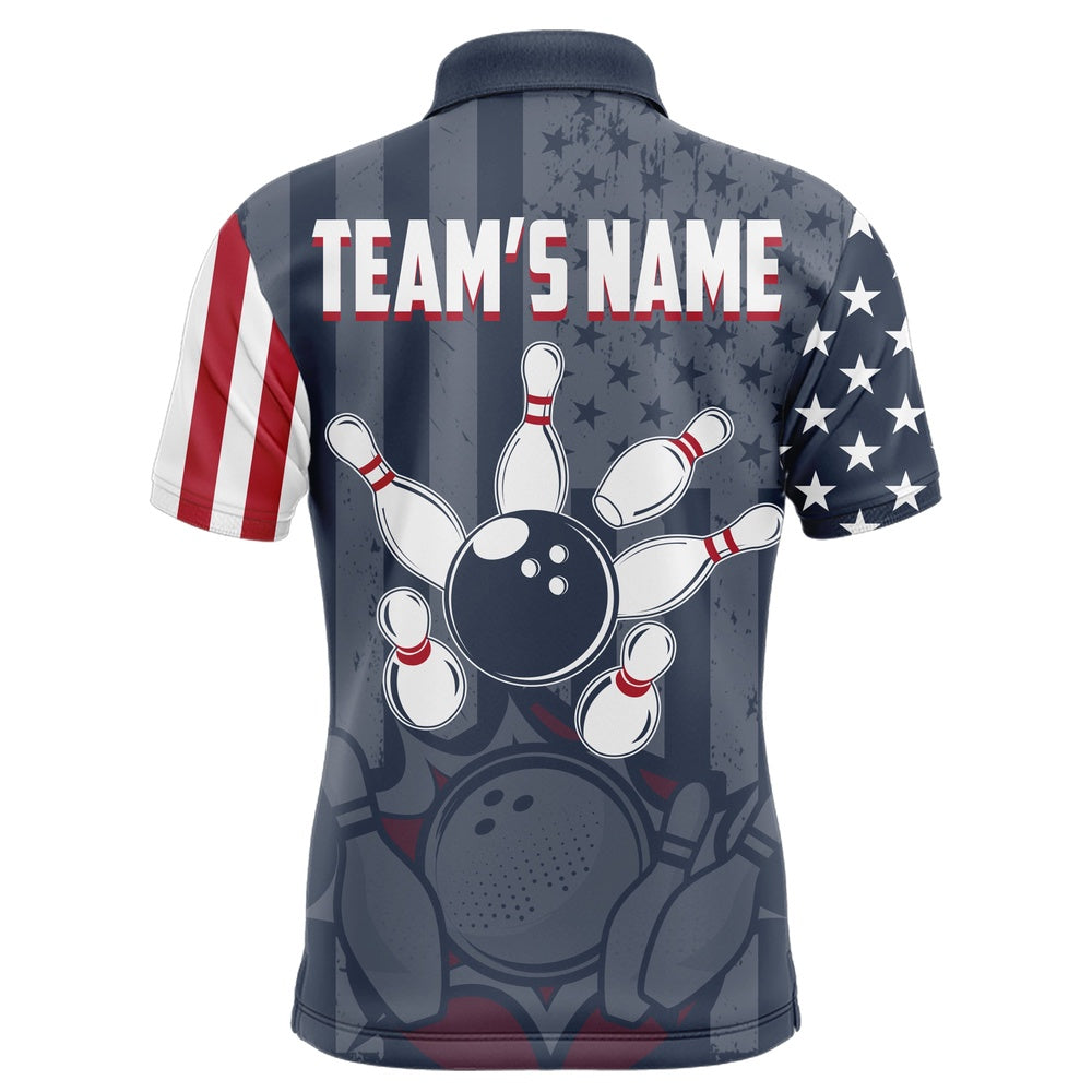 Custom Bowling Polo Shirts, Custom Bowling Shirt For Men American Flag Bowling Polo Shirt For Team Patriotic Navy Bowling Jersey