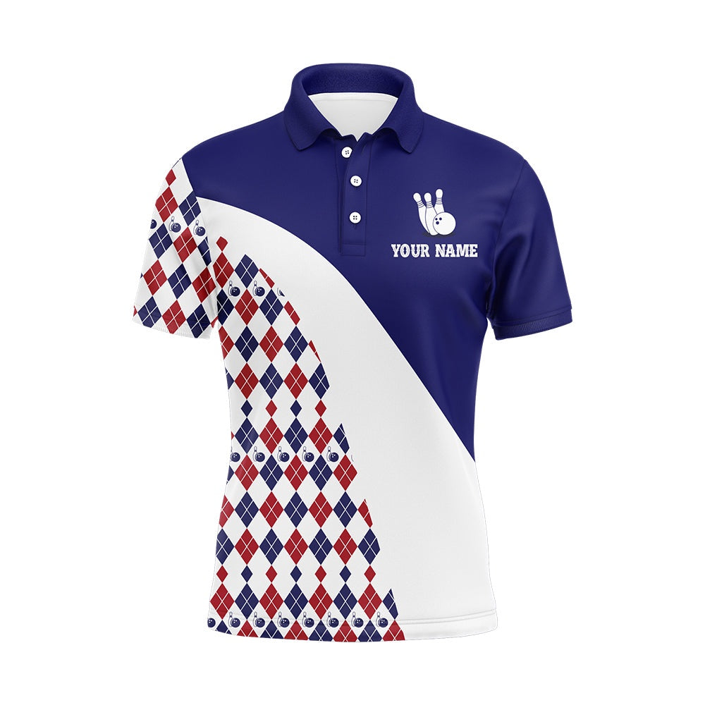 Custom Bowling Polo Shirts, Custom Bowling Shirt For Men, Blue Argyle Bowling Jersey With Name League Bowling Polo Shirt