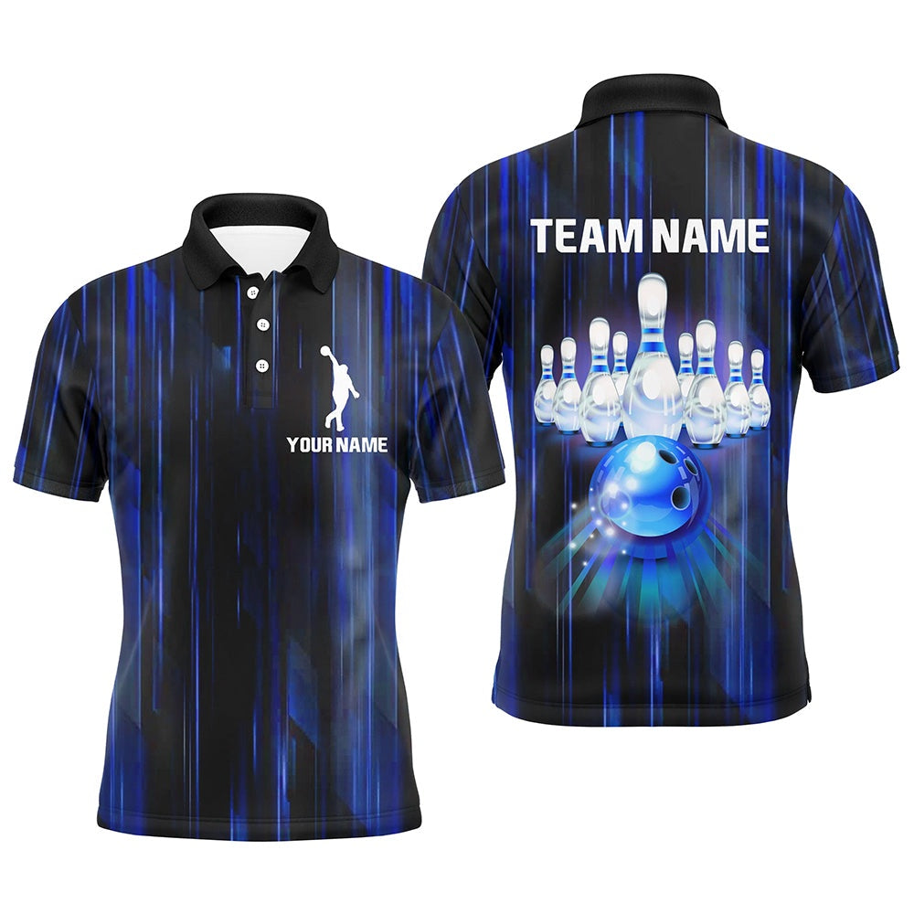 Custom Bowling Polo Shirts, Custom Bowling Shirt For Men Blue Bowling Jersey Team League Personalized Bowling Polo Shirt