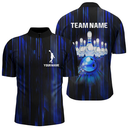 Custom Bowling Polo Shirts, Custom Bowling Shirt For Men Blue Bowling Jersey Team League Personalized Bowling Zip Shirt