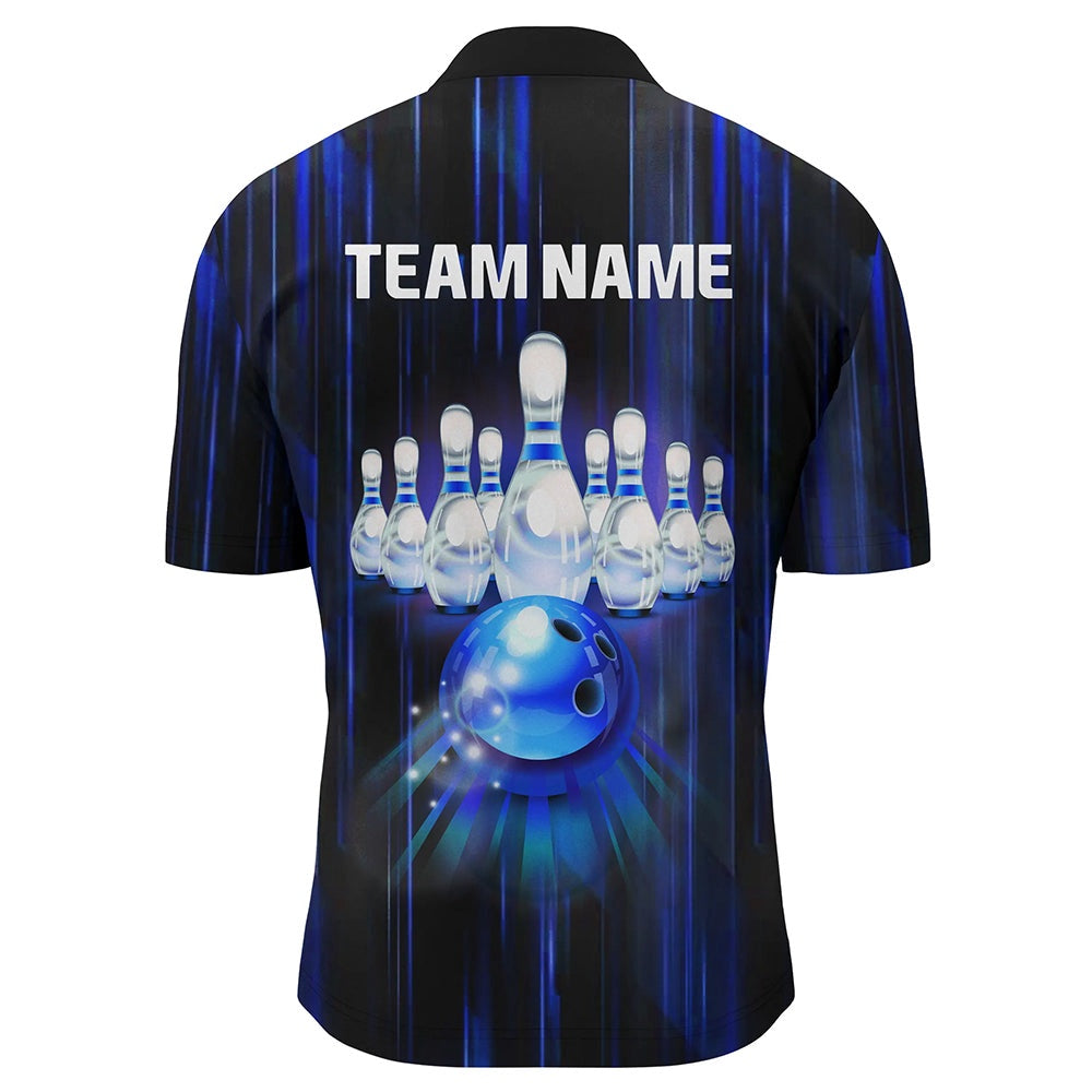 Custom Bowling Polo Shirts, Custom Bowling Shirt For Men Blue Bowling Jersey Team League Personalized Bowling Zip Shirt