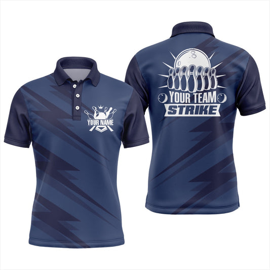 Custom Bowling Polo Shirts, Custom Bowling Shirt For Men Blue Bowling Team League Jersey Strike Bowling Polo Shirt