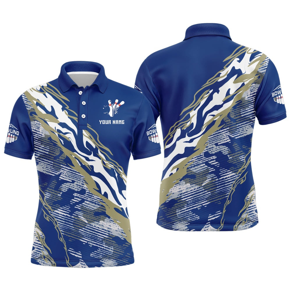 Custom Bowling Polo Shirts, Custom Bowling Shirt For Men Blue Camo Bowling Jersey Flame Bowling Polo Shirt