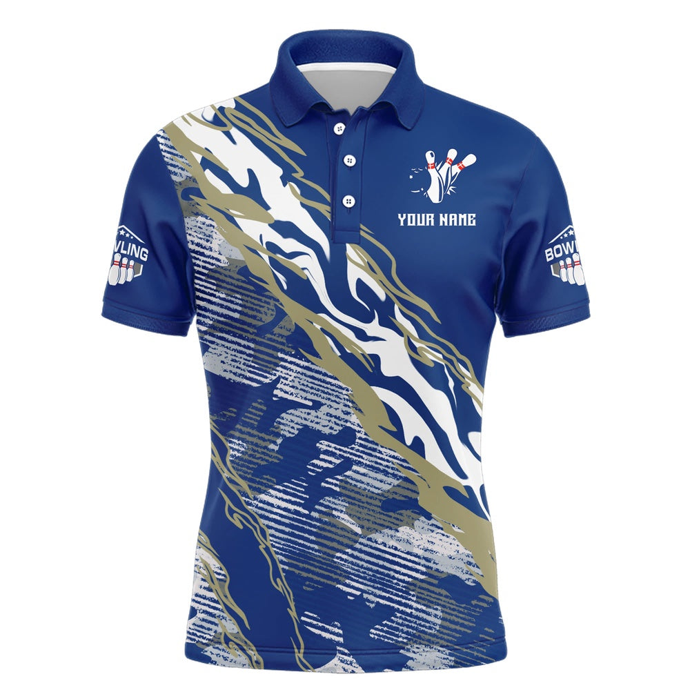 Custom Bowling Polo Shirts, Custom Bowling Shirt For Men Blue Camo Bowling Jersey Flame Bowling Polo Shirt
