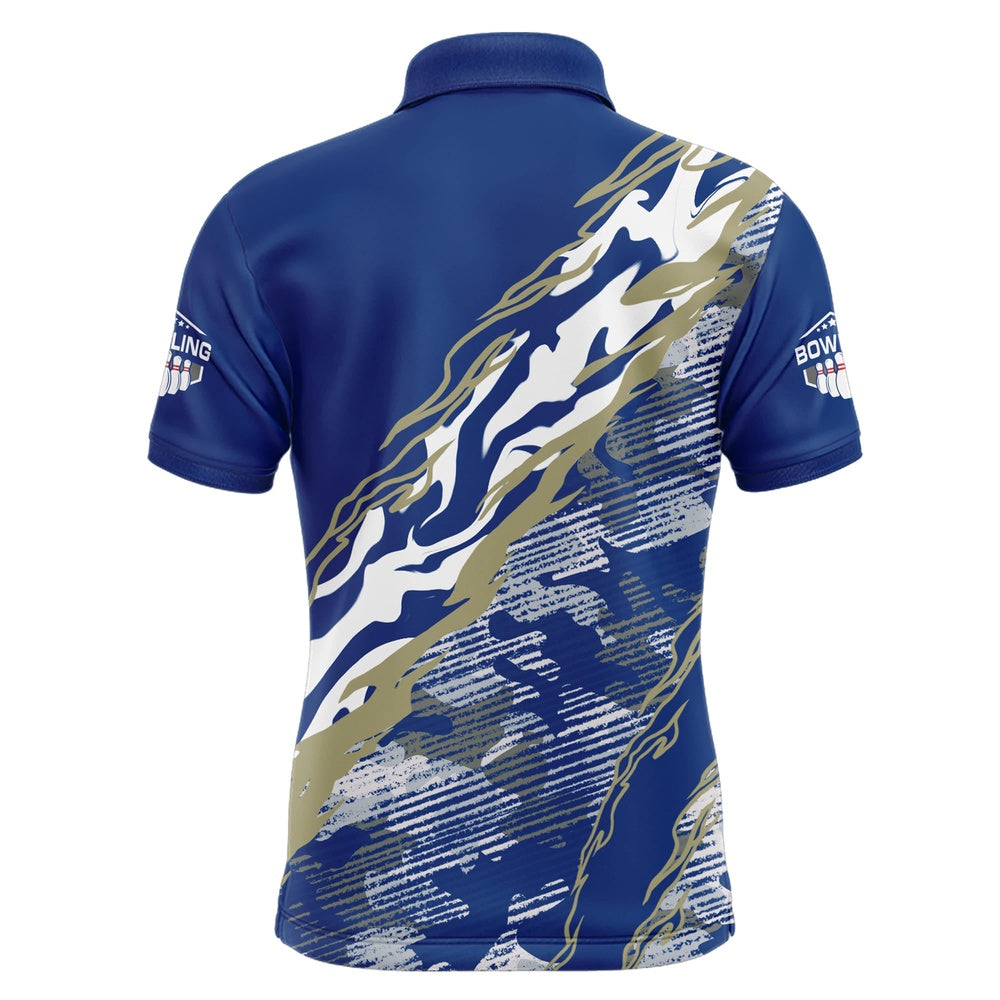Custom Bowling Polo Shirts, Custom Bowling Shirt For Men Blue Camo Bowling Jersey Flame Bowling Polo Shirt