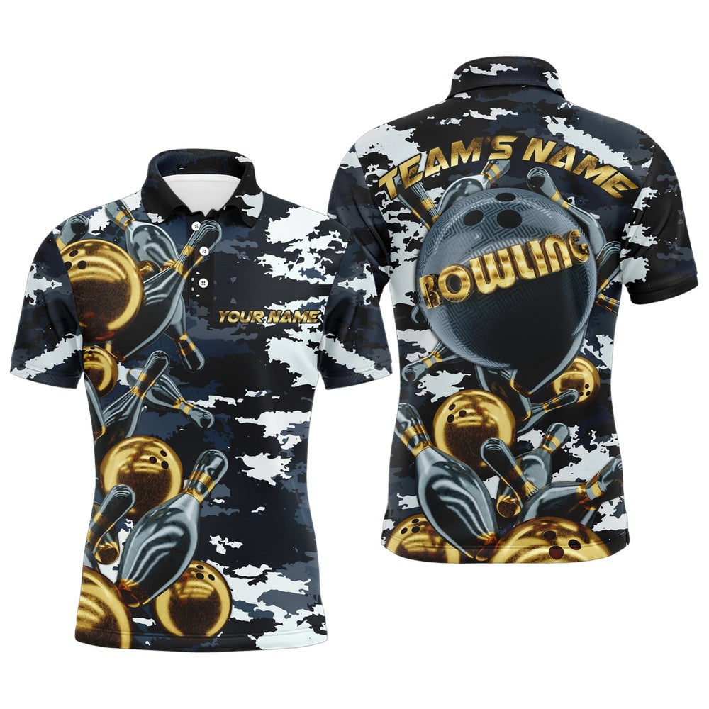 Custom Bowling Polo Shirts, Custom Bowling Shirt For Men Camo Navy Bowling Team Jersey Men'S Bowling Polo Shirt