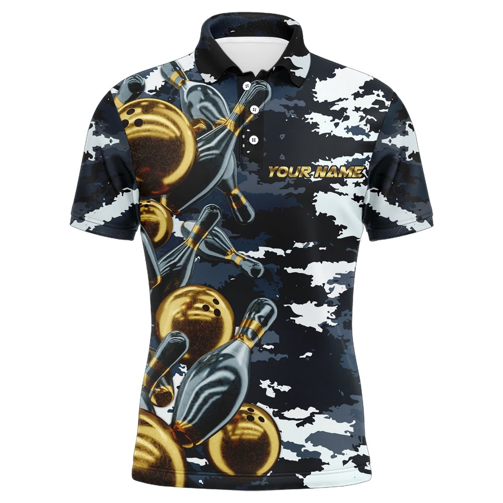 Custom Bowling Polo Shirts, Custom Bowling Shirt For Men Camo Navy Bowling Team Jersey Men'S Bowling Polo Shirt