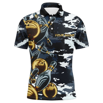 Custom Bowling Polo Shirts, Custom Bowling Shirt For Men Camo Navy Bowling Team Jersey Men'S Bowling Polo Shirt