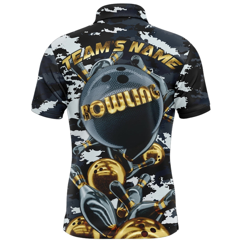 Custom Bowling Polo Shirts, Custom Bowling Shirt For Men Camo Navy Bowling Team Jersey Men'S Bowling Polo Shirt