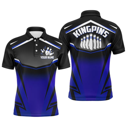 Custom Bowling Polo Shirts, Custom Bowling Shirt For Men, Kingpins Blue Polo Bowling Shirt With Name, Men Bowlers Jersey League