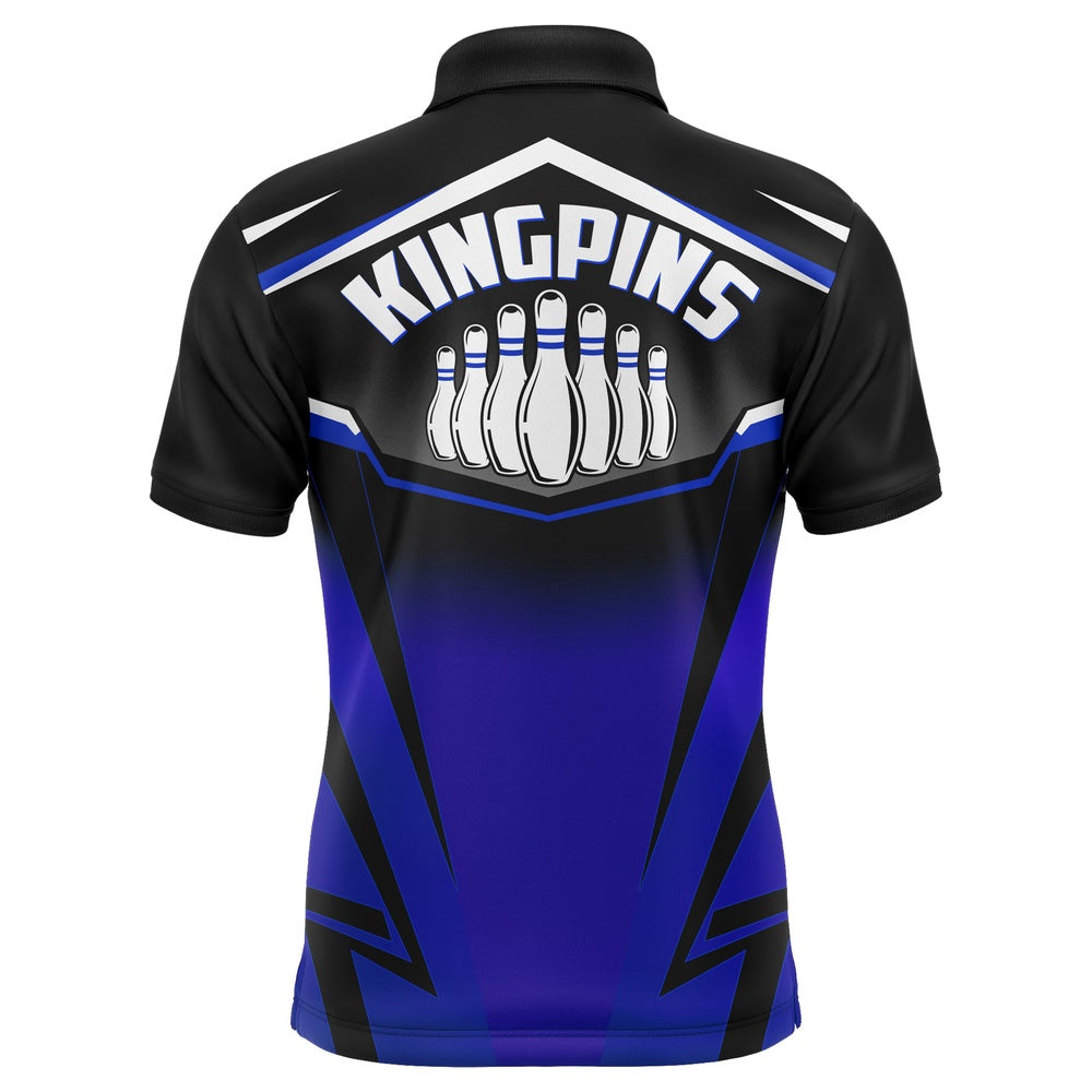 Custom Bowling Polo Shirts, Custom Bowling Shirt For Men, Kingpins Blue Polo Bowling Shirt With Name, Men Bowlers Jersey League