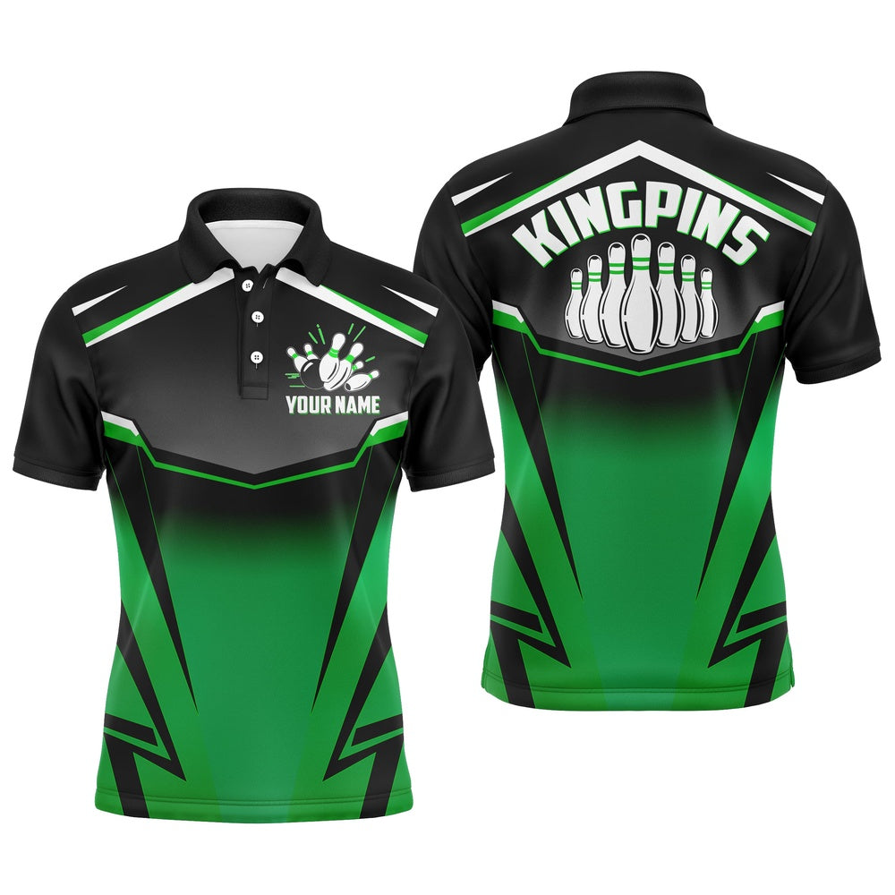 Custom Bowling Polo Shirts, Custom Bowling Shirt For Men Kingpins Green Polo Bowling Shirt With Name, Men Bowlers Jersey League