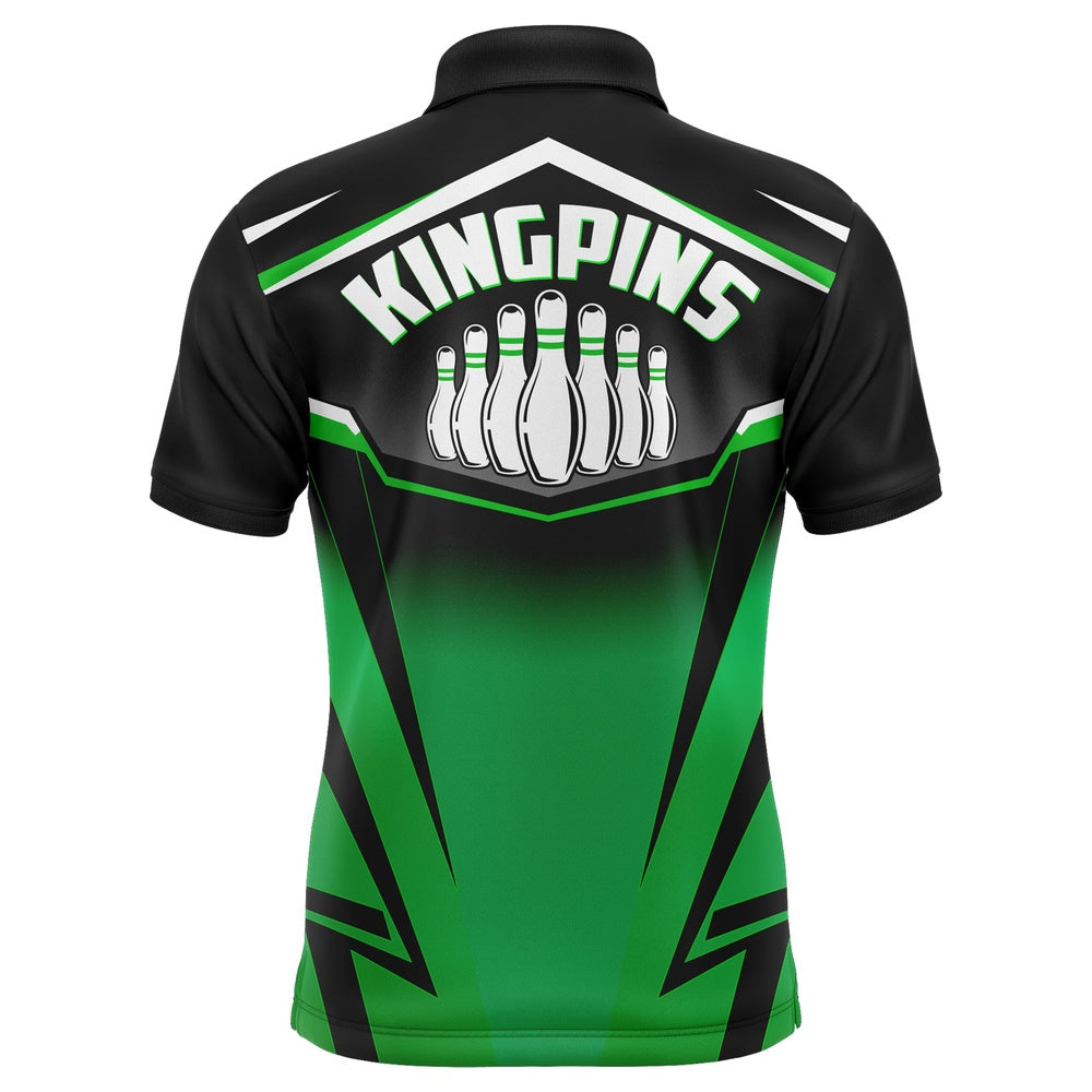 Custom Bowling Polo Shirts, Custom Bowling Shirt For Men Kingpins Green Polo Bowling Shirt With Name, Men Bowlers Jersey League