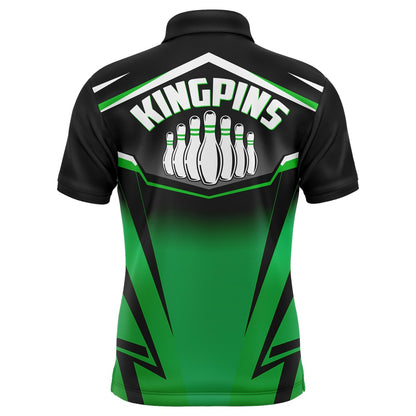 Custom Bowling Polo Shirts, Custom Bowling Shirt For Men Kingpins Green Polo Bowling Shirt With Name, Men Bowlers Jersey League