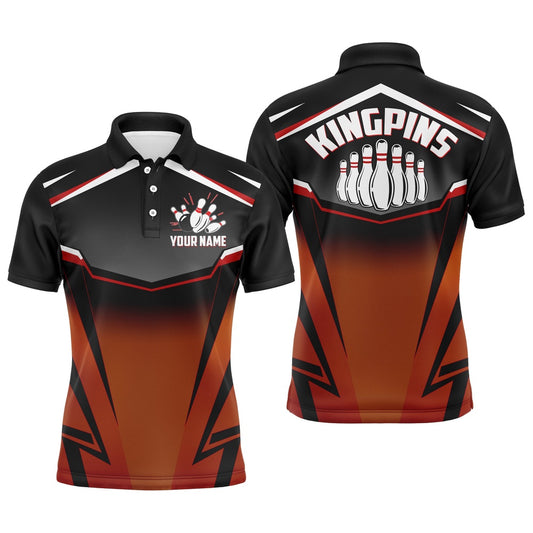 Custom Bowling Polo Shirts, Custom Bowling Shirt For Men, Kingpins Orange Polo Bowling Shirt With Name, Men Bowlers Jersey