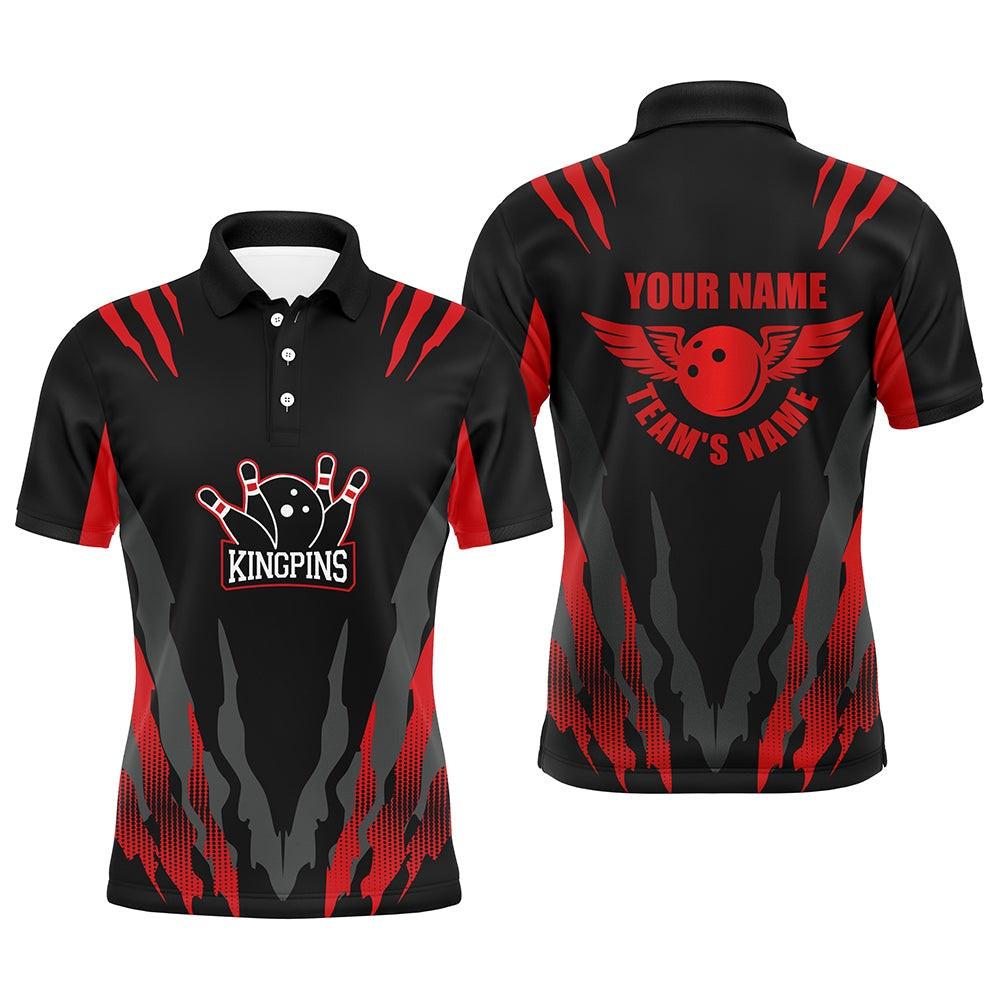 Custom Bowling Polo Shirts, Custom Bowling Shirt For Men, Kingpins Red Polo Bowling Shirt With Name Bowling Team Jersey