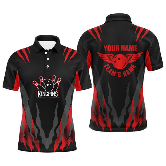 Custom Bowling Polo Shirts, Custom Bowling Shirt For Men, Kingpins Red Polo Bowling Shirt With Name Bowling Team Jersey