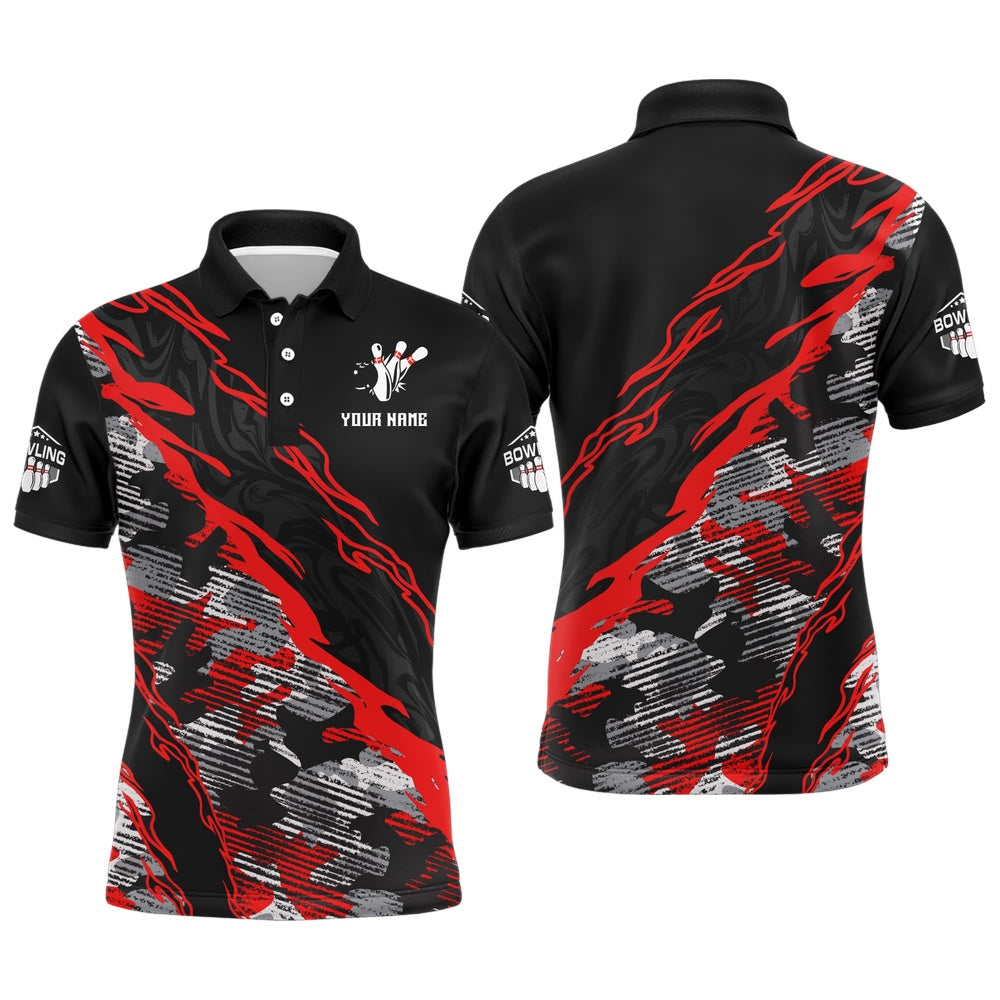 Custom Bowling Polo Shirts, Custom Bowling Shirt For Men Red Camo Bowling Jersey Flame Bowling Polo Shirt